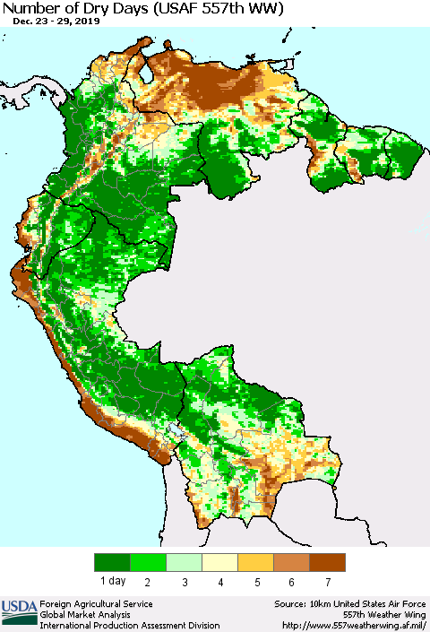 Northern South America Number of Dry Days (USAF 557th WW) Thematic Map For 12/23/2019 - 12/29/2019