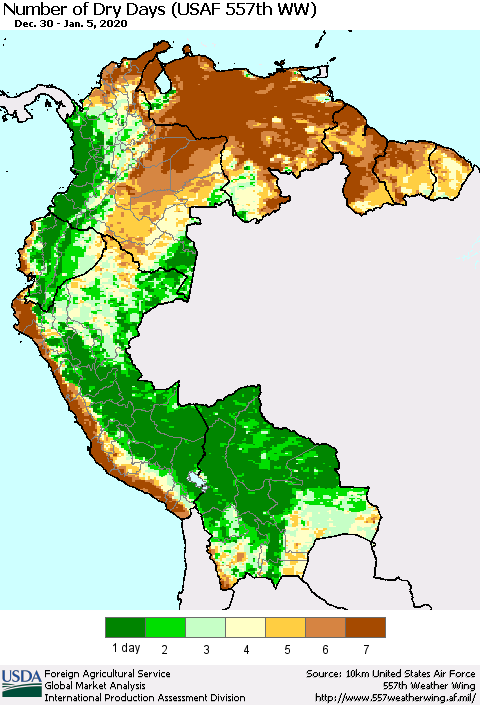 Northern South America Number of Dry Days (USAF 557th WW) Thematic Map For 12/30/2019 - 1/5/2020