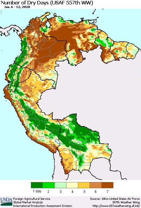Northern South America Number of Dry Days (USAF 557th WW) Thematic Map For 1/6/2020 - 1/12/2020