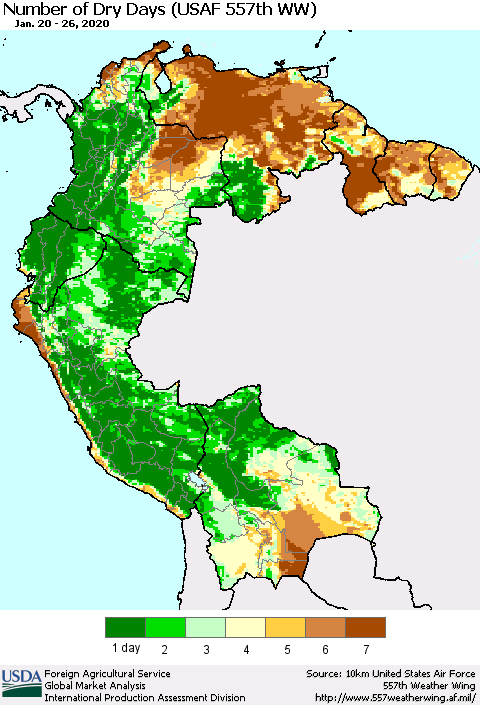 Northern South America Number of Dry Days (USAF 557th WW) Thematic Map For 1/20/2020 - 1/26/2020