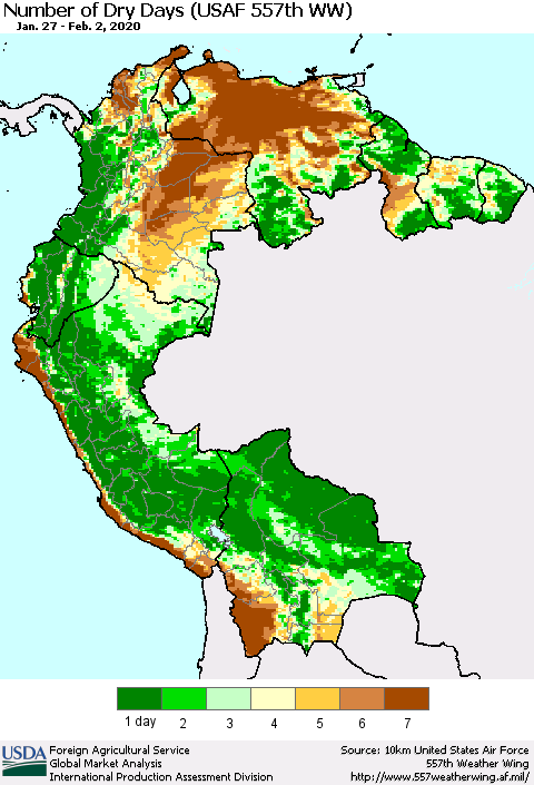 Northern South America Number of Dry Days (USAF 557th WW) Thematic Map For 1/27/2020 - 2/2/2020