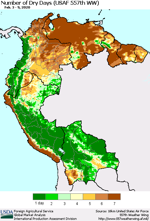 Northern South America Number of Dry Days (USAF 557th WW) Thematic Map For 2/3/2020 - 2/9/2020