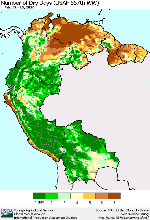 Northern South America Number of Dry Days (USAF 557th WW) Thematic Map For 2/17/2020 - 2/23/2020