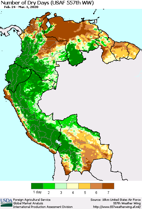 Northern South America Number of Dry Days (USAF 557th WW) Thematic Map For 2/24/2020 - 3/1/2020