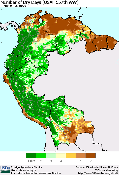 Northern South America Number of Dry Days (USAF 557th WW) Thematic Map For 3/9/2020 - 3/15/2020