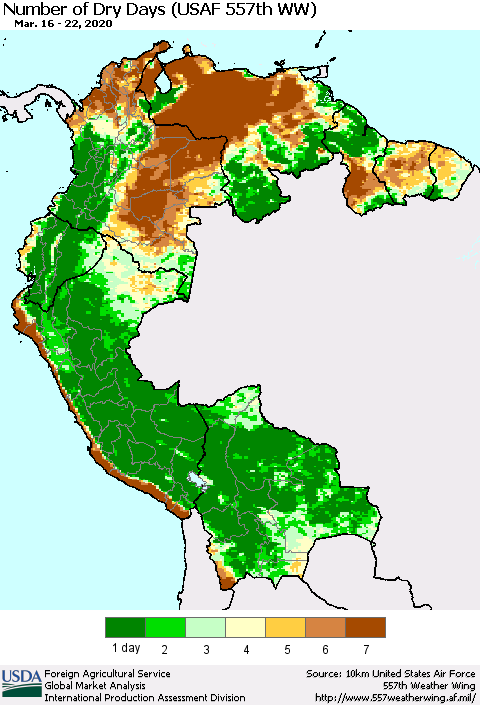 Northern South America Number of Dry Days (USAF 557th WW) Thematic Map For 3/16/2020 - 3/22/2020