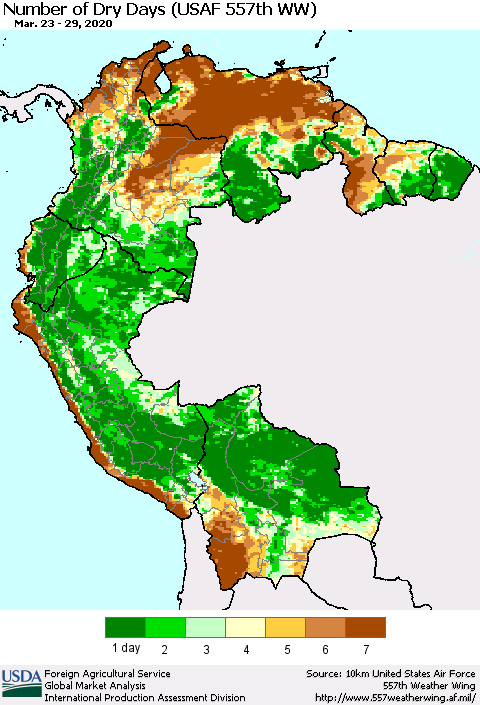 Northern South America Number of Dry Days (USAF 557th WW) Thematic Map For 3/23/2020 - 3/29/2020