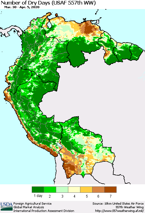 Northern South America Number of Dry Days (USAF 557th WW) Thematic Map For 3/30/2020 - 4/5/2020