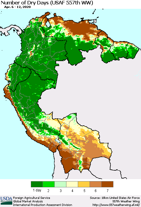 Northern South America Number of Dry Days (USAF 557th WW) Thematic Map For 4/6/2020 - 4/12/2020