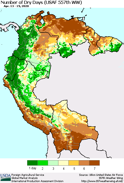 Northern South America Number of Dry Days (USAF 557th WW) Thematic Map For 4/13/2020 - 4/19/2020