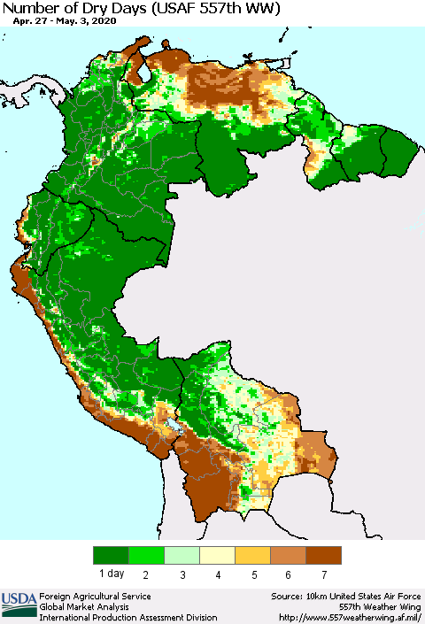 Northern South America Number of Dry Days (USAF 557th WW) Thematic Map For 4/27/2020 - 5/3/2020