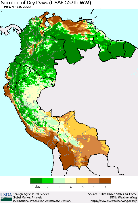 Northern South America Number of Dry Days (USAF 557th WW) Thematic Map For 5/4/2020 - 5/10/2020