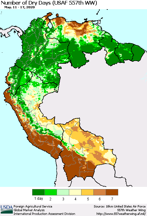 Northern South America Number of Dry Days (USAF 557th WW) Thematic Map For 5/11/2020 - 5/17/2020