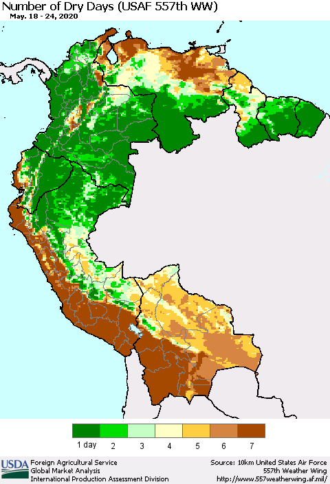 Northern South America Number of Dry Days (USAF 557th WW) Thematic Map For 5/18/2020 - 5/24/2020