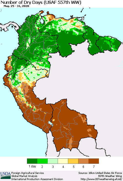 Northern South America Number of Dry Days (USAF 557th WW) Thematic Map For 5/25/2020 - 5/31/2020