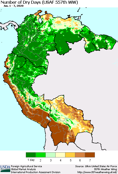 Northern South America Number of Dry Days (USAF 557th WW) Thematic Map For 6/1/2020 - 6/7/2020