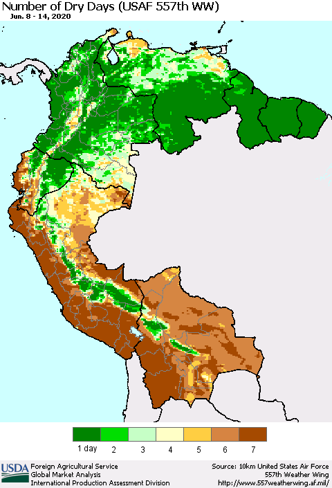 Northern South America Number of Dry Days (USAF 557th WW) Thematic Map For 6/8/2020 - 6/14/2020