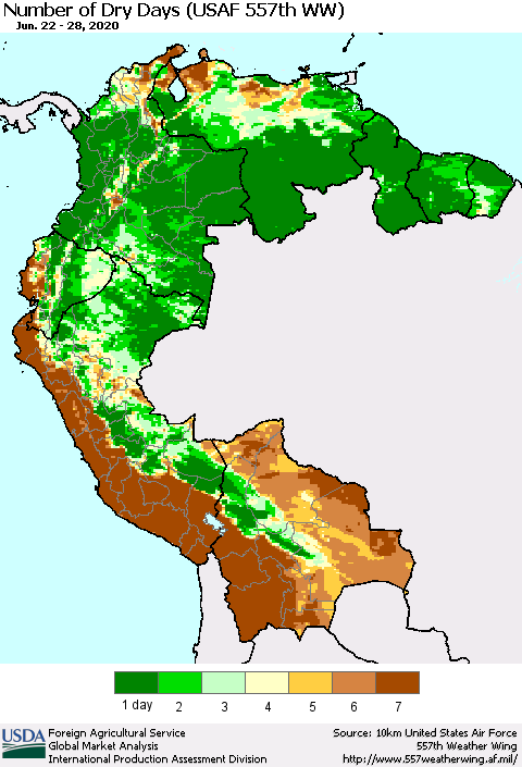 Northern South America Number of Dry Days (USAF 557th WW) Thematic Map For 6/22/2020 - 6/28/2020