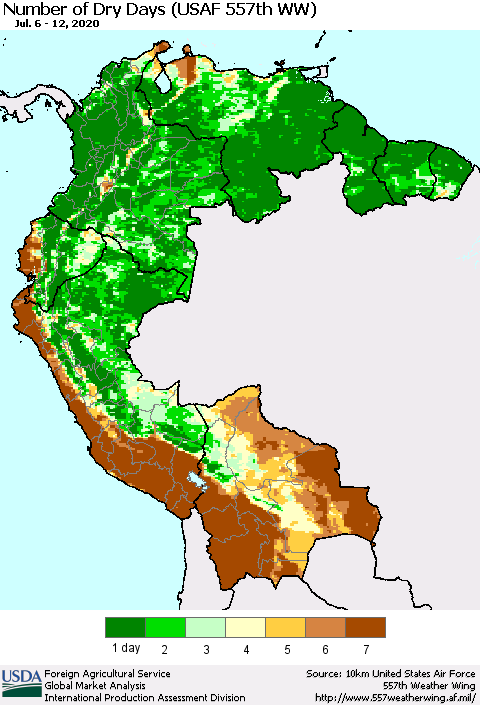 Northern South America Number of Dry Days (USAF 557th WW) Thematic Map For 7/6/2020 - 7/12/2020