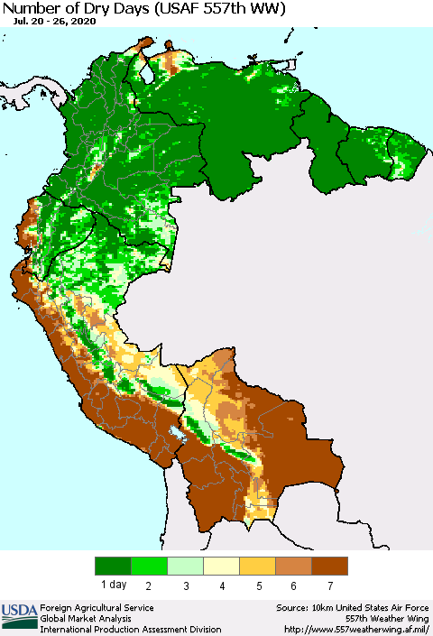 Northern South America Number of Dry Days (USAF 557th WW) Thematic Map For 7/20/2020 - 7/26/2020