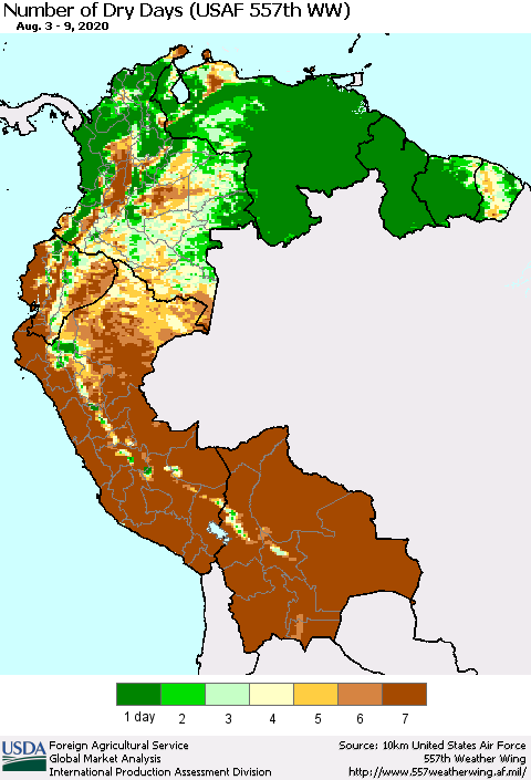 Northern South America Number of Dry Days (USAF 557th WW) Thematic Map For 8/3/2020 - 8/9/2020