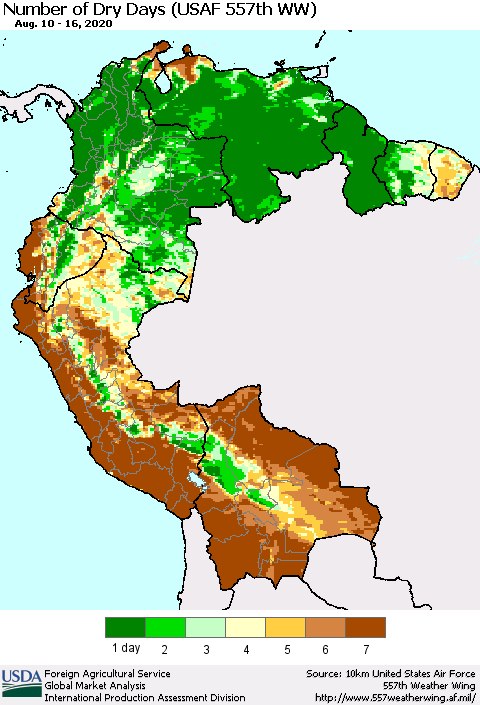 Northern South America Number of Dry Days (USAF 557th WW) Thematic Map For 8/10/2020 - 8/16/2020