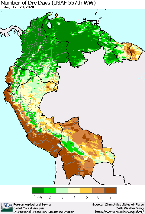 Northern South America Number of Dry Days (USAF 557th WW) Thematic Map For 8/17/2020 - 8/23/2020