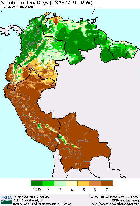 Northern South America Number of Dry Days (USAF 557th WW) Thematic Map For 8/24/2020 - 8/30/2020