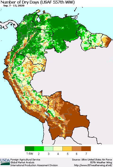Northern South America Number of Dry Days (USAF 557th WW) Thematic Map For 9/7/2020 - 9/13/2020