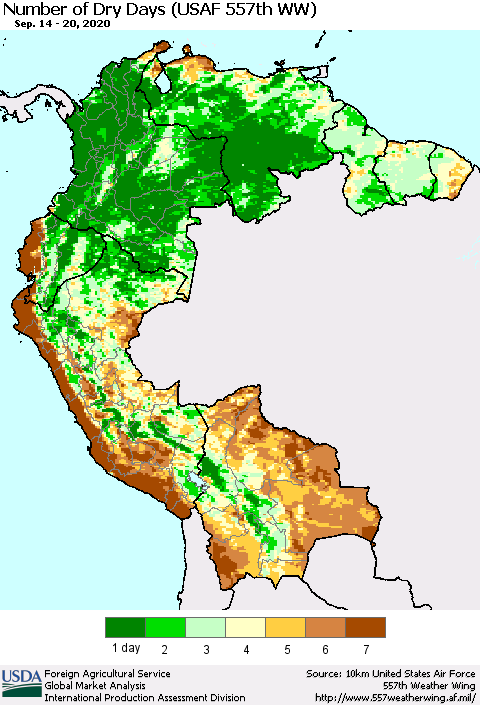 Northern South America Number of Dry Days (USAF 557th WW) Thematic Map For 9/14/2020 - 9/20/2020