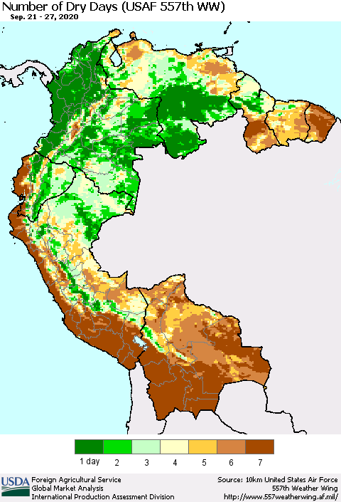 Northern South America Number of Dry Days (USAF 557th WW) Thematic Map For 9/21/2020 - 9/27/2020