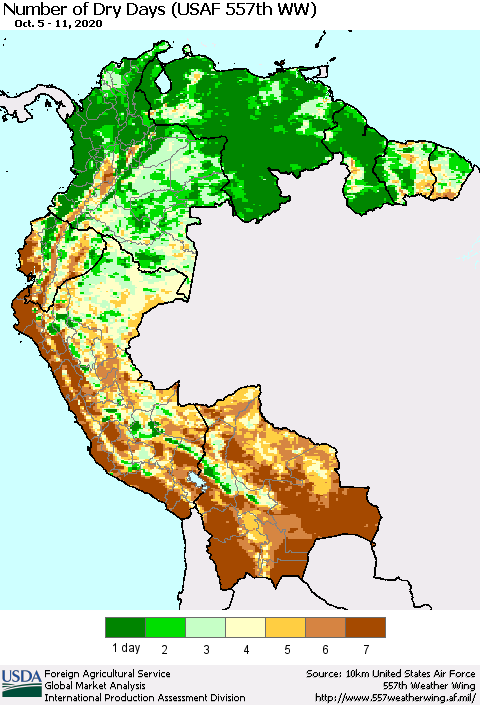 Northern South America Number of Dry Days (USAF 557th WW) Thematic Map For 10/5/2020 - 10/11/2020