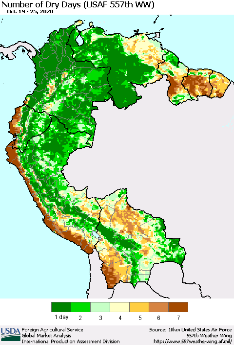 Northern South America Number of Dry Days (USAF 557th WW) Thematic Map For 10/19/2020 - 10/25/2020