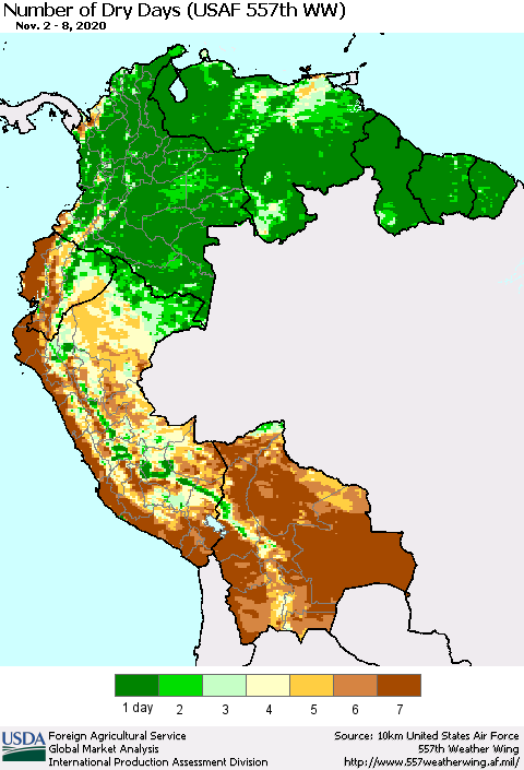 Northern South America Number of Dry Days (USAF 557th WW) Thematic Map For 11/2/2020 - 11/8/2020