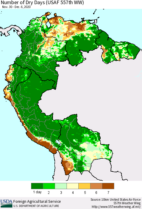 Northern South America Number of Dry Days (USAF 557th WW) Thematic Map For 11/30/2020 - 12/6/2020