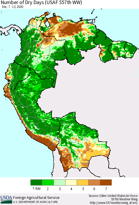 Northern South America Number of Dry Days (USAF 557th WW) Thematic Map For 12/7/2020 - 12/13/2020