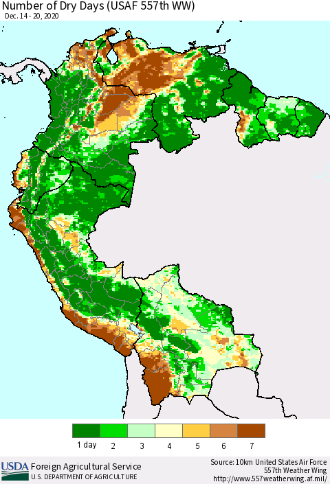 Northern South America Number of Dry Days (USAF 557th WW) Thematic Map For 12/14/2020 - 12/20/2020