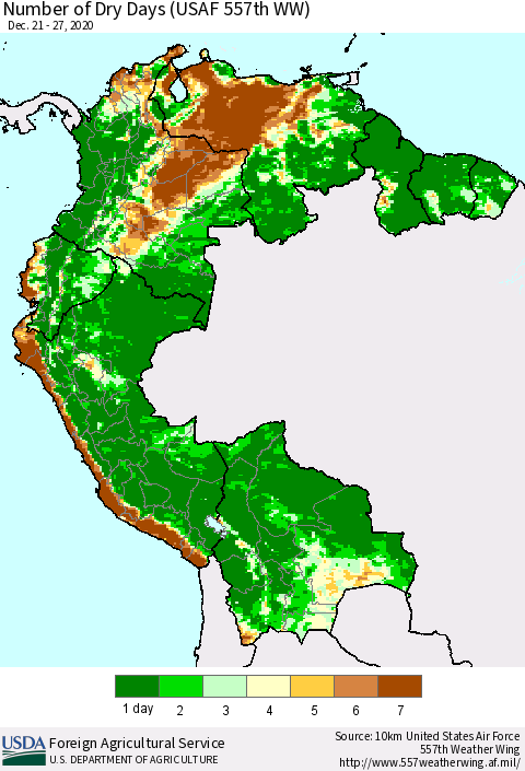 Northern South America Number of Dry Days (USAF 557th WW) Thematic Map For 12/21/2020 - 12/27/2020