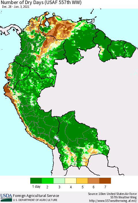 Northern South America Number of Dry Days (USAF 557th WW) Thematic Map For 12/28/2020 - 1/3/2021