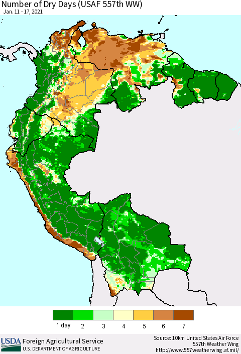 Northern South America Number of Dry Days (USAF 557th WW) Thematic Map For 1/11/2021 - 1/17/2021
