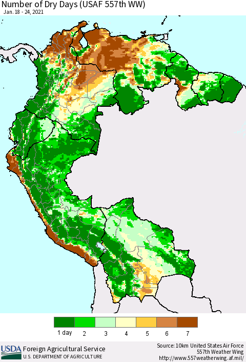 Northern South America Number of Dry Days (USAF 557th WW) Thematic Map For 1/18/2021 - 1/24/2021