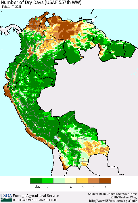 Northern South America Number of Dry Days (USAF 557th WW) Thematic Map For 2/1/2021 - 2/7/2021