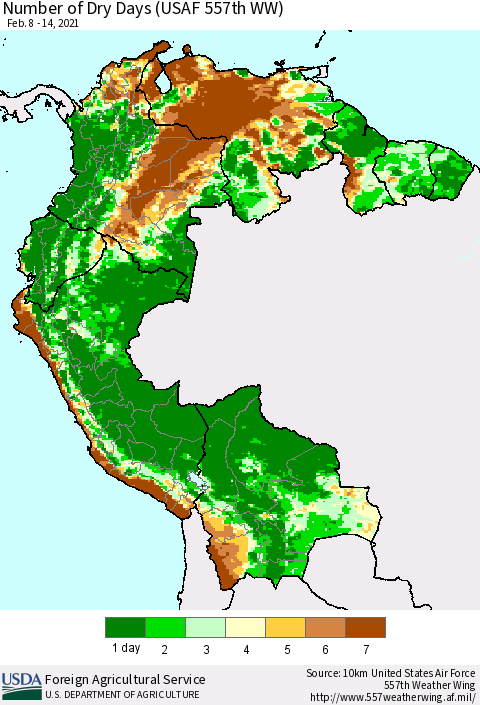 Northern South America Number of Dry Days (USAF 557th WW) Thematic Map For 2/8/2021 - 2/14/2021