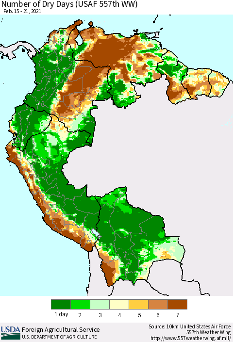 Northern South America Number of Dry Days (USAF 557th WW) Thematic Map For 2/15/2021 - 2/21/2021