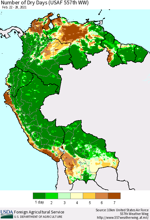 Northern South America Number of Dry Days (USAF 557th WW) Thematic Map For 2/22/2021 - 2/28/2021