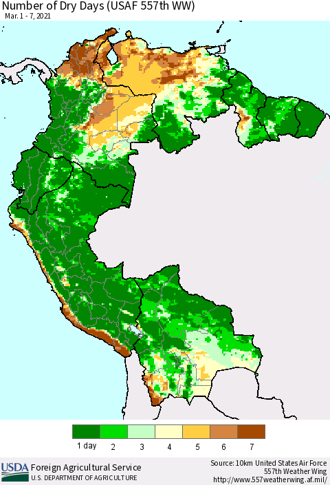 Northern South America Number of Dry Days (USAF 557th WW) Thematic Map For 3/1/2021 - 3/7/2021