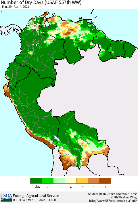Northern South America Number of Dry Days (USAF 557th WW) Thematic Map For 3/29/2021 - 4/4/2021