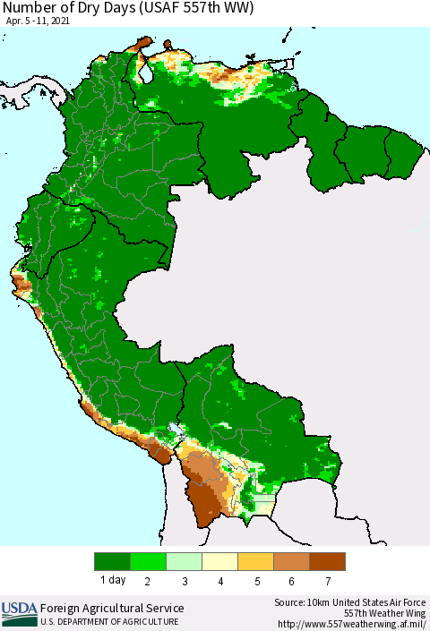 Northern South America Number of Dry Days (USAF 557th WW) Thematic Map For 4/5/2021 - 4/11/2021