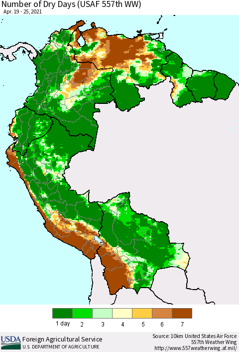 Northern South America Number of Dry Days (USAF 557th WW) Thematic Map For 4/19/2021 - 4/25/2021