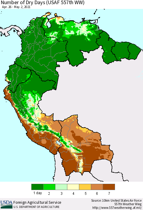 Northern South America Number of Dry Days (USAF 557th WW) Thematic Map For 4/26/2021 - 5/2/2021